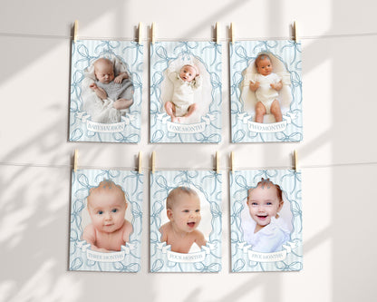 Blue Coquette Bow 1st Birthday Milestone Banner Template, Pastel Blue Grandmillennial Theme 1st Birthday Party Whimsical Bow WP1061