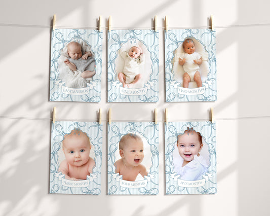 Blue Coquette Bow 1st Birthday Milestone Banner Template, Pastel Blue Grandmillennial Theme 1st Birthday Party Whimsical Bow WP1061