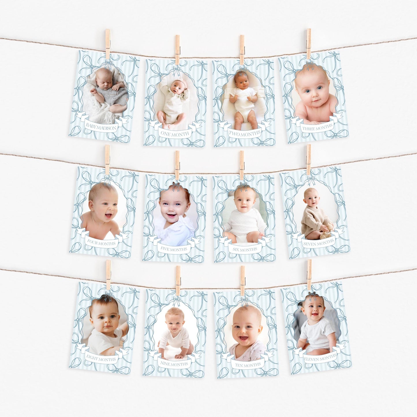 Blue Coquette Bow 1st Birthday Milestone Banner Template, Pastel Blue Grandmillennial Theme 1st Birthday Party Whimsical Bow WP1061