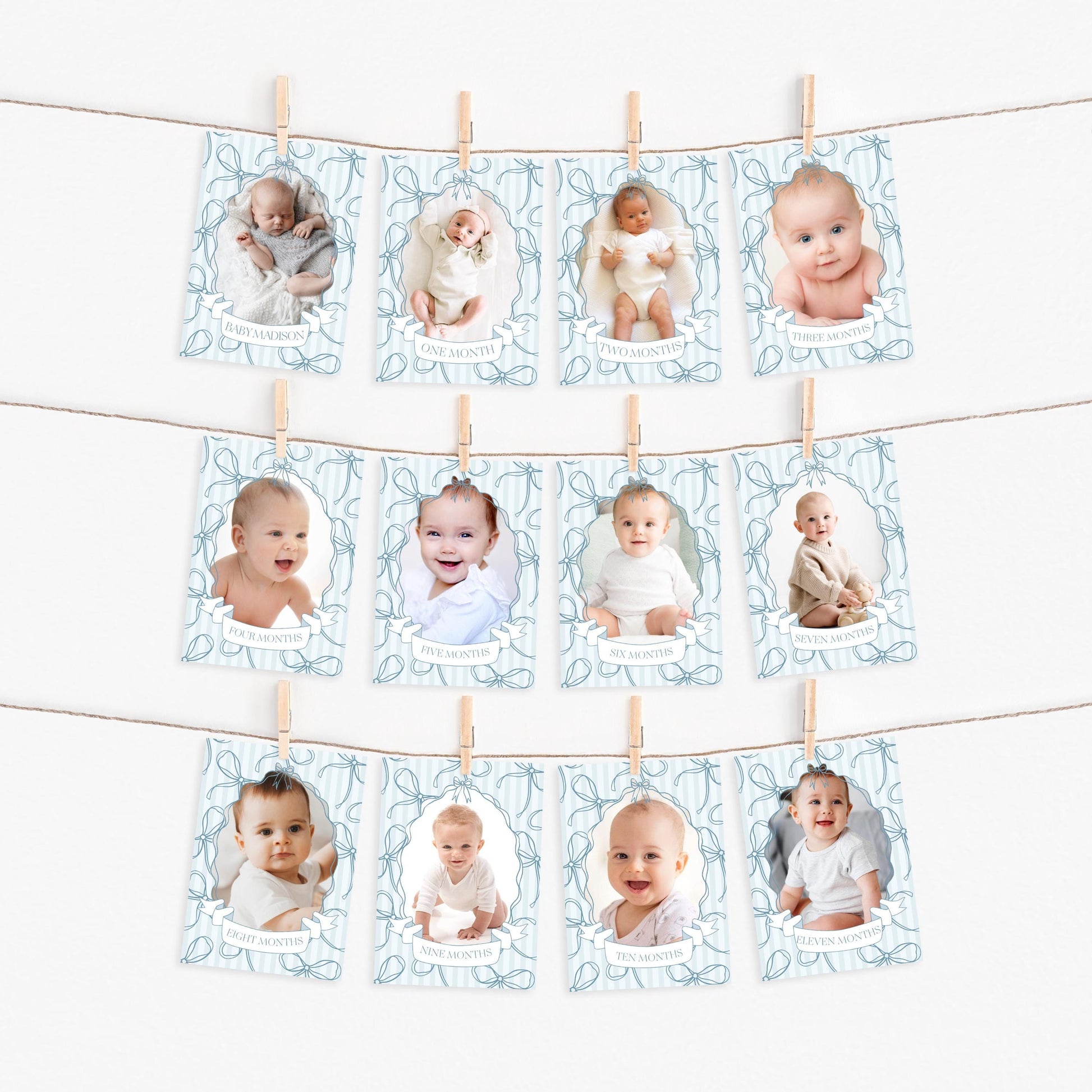 Blue Coquette Bow 1st Birthday Milestone Banner Template, Pastel Blue Grandmillennial Theme 1st Birthday Party Whimsical Bow WP1061