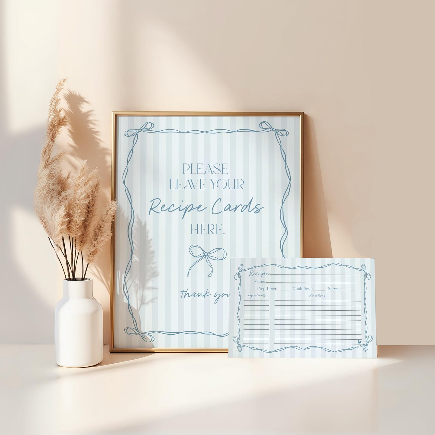 Blue Coquette Bow Recipe Card Template for Bridal Shower, Pastel Something Blue Before I Do Bridal Brunch Tying The Knot WP1061