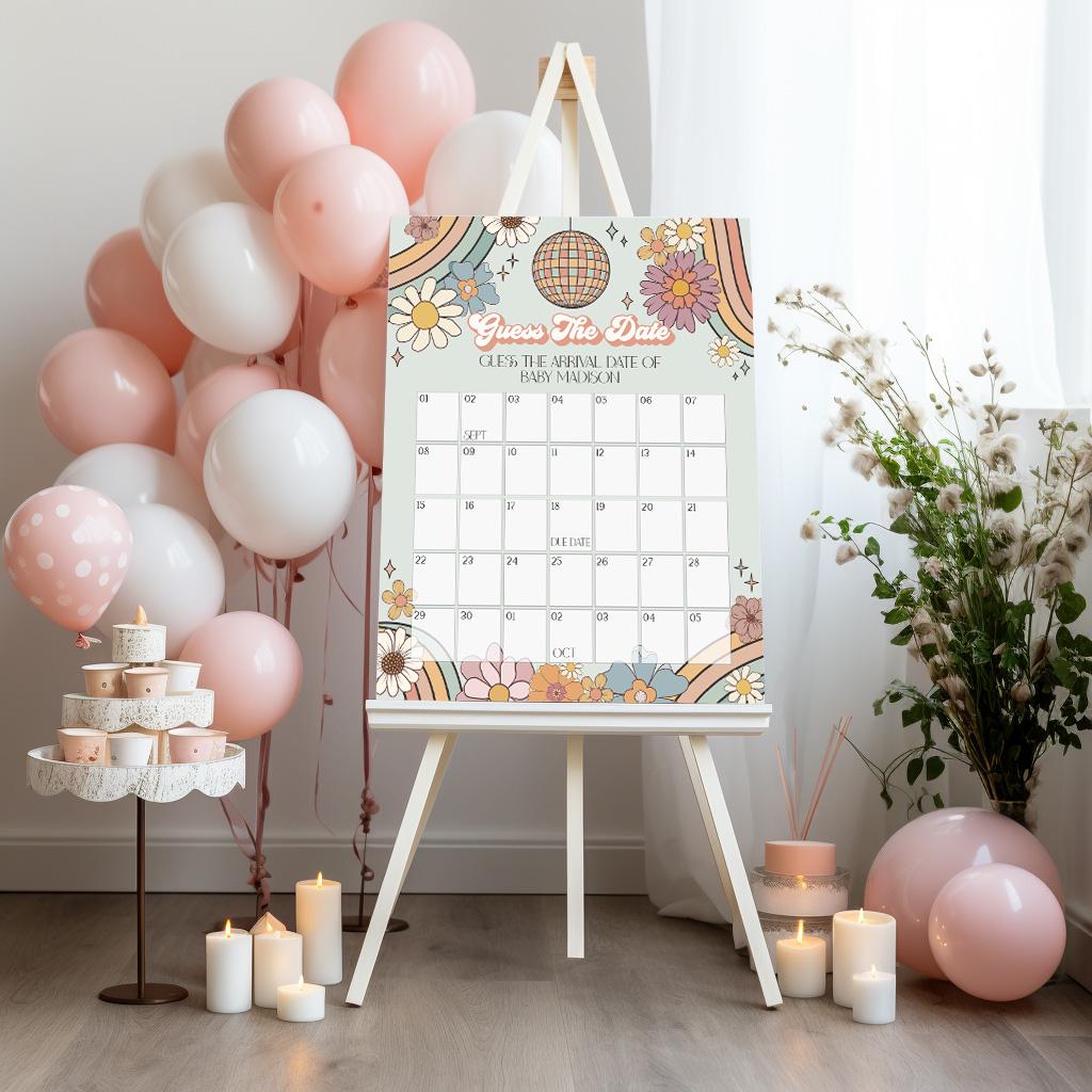 Groovy Floral Baby Shower Guess the Date Game Template, Groovy Baby 70's Theme Baby Sprinkle, Hippie Theme Baby Shower Games