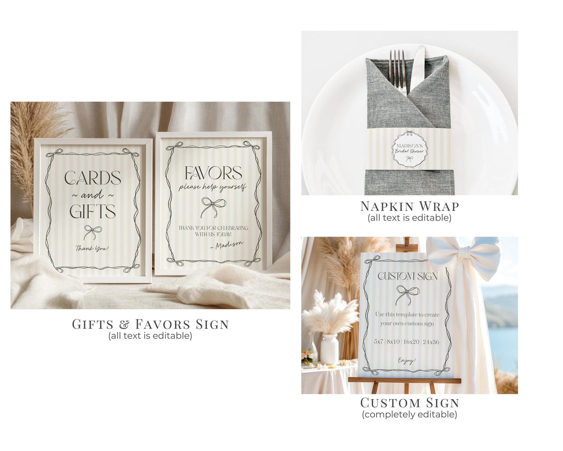 Black Coquette Bow Baby Shower Bundle Template, Beige Striped Doodle Bow Baby Sprinkle for Girl, Bow Party Decor for Nesting Party WP1062