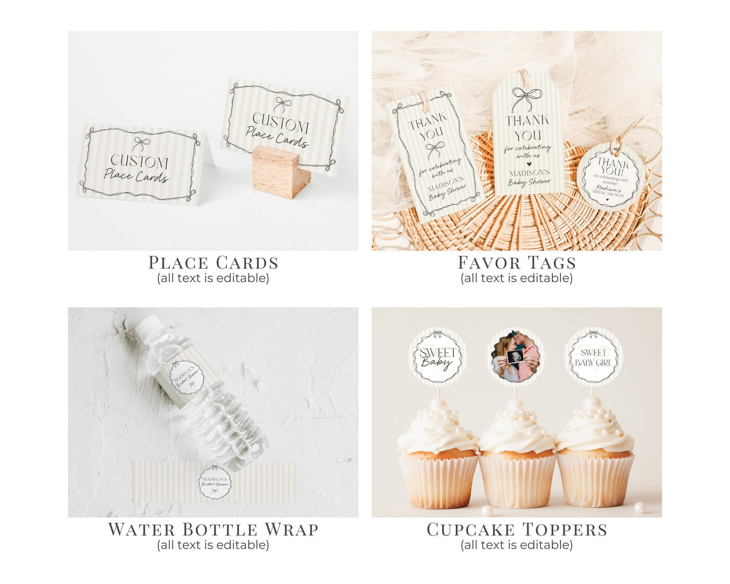 Black Coquette Bow Baby Shower Bundle Template, Beige Striped Doodle Bow Baby Sprinkle for Girl, Bow Party Decor for Nesting Party WP1062
