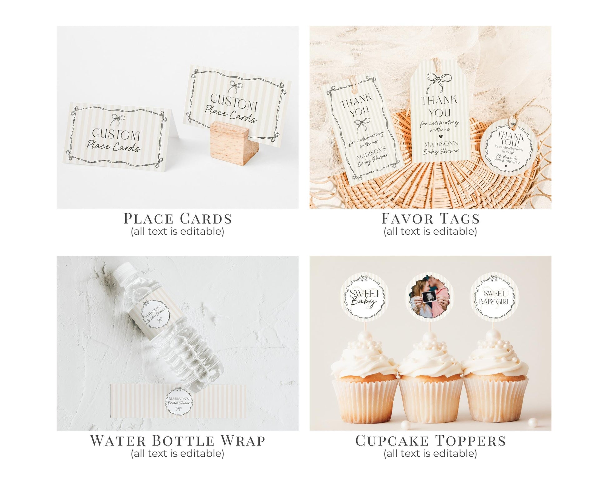 Black Coquette Bow Baby Shower Bundle Template, Beige Striped Doodle Bow Baby Sprinkle for Girl, Bow Party Decor for Nesting Party WP1062