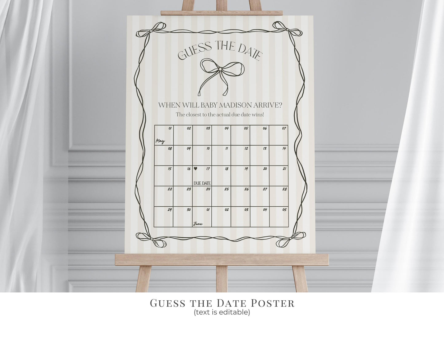 Black Coquette Bow Baby Shower Bundle Template, Beige Striped Doodle Bow Baby Sprinkle for Girl, Bow Party Decor for Nesting Party WP1062