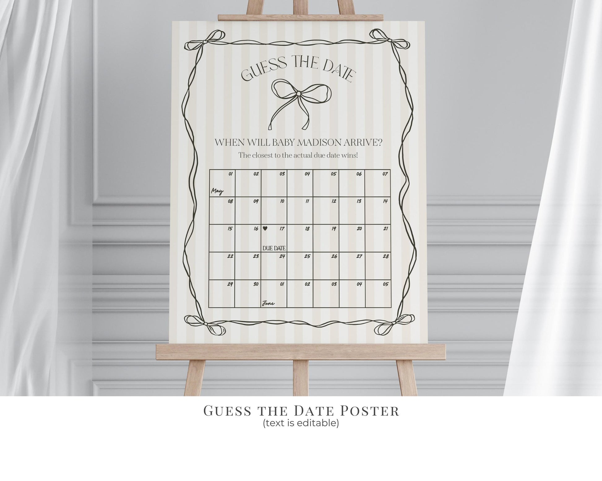 Black Coquette Bow Baby Shower Bundle Template, Beige Striped Doodle Bow Baby Sprinkle for Girl, Bow Party Decor for Nesting Party WP1062