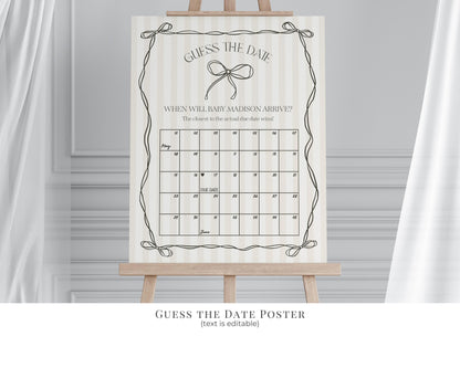 Black Coquette Bow Baby Shower Bundle Template, Beige Striped Doodle Bow Baby Sprinkle for Girl, Bow Party Decor for Nesting Party WP1062