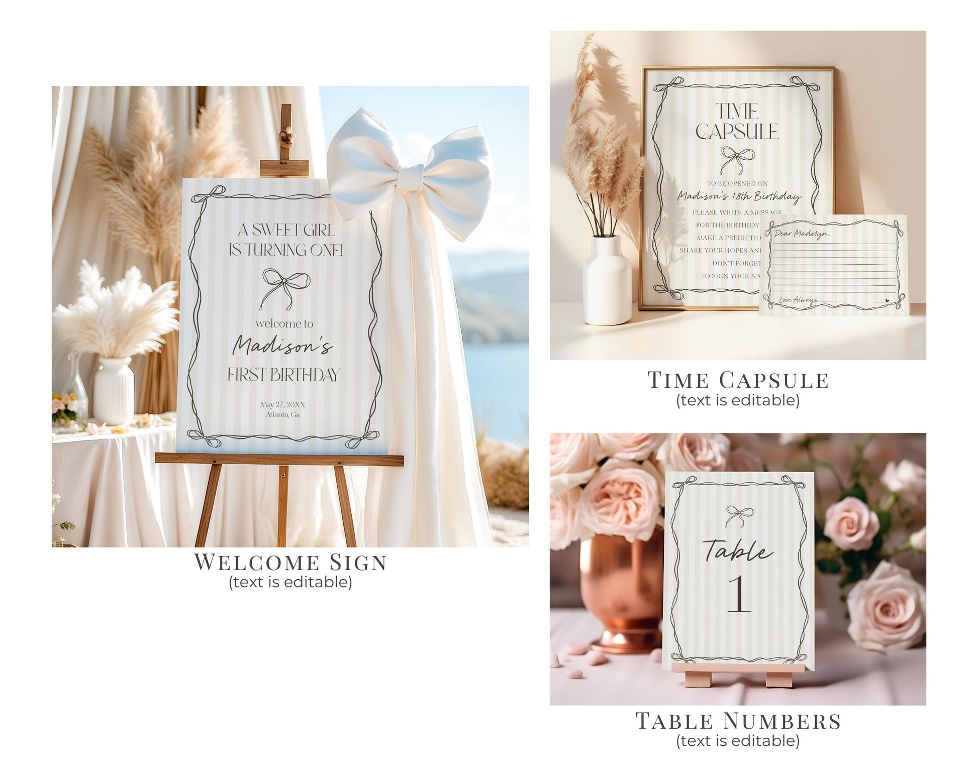 Black Coquette Bow First Birthday Bundle Template, Beige Striped Doodle Bow Birthday Party for Girl Bow Party Decor for Nesting Party WP1062