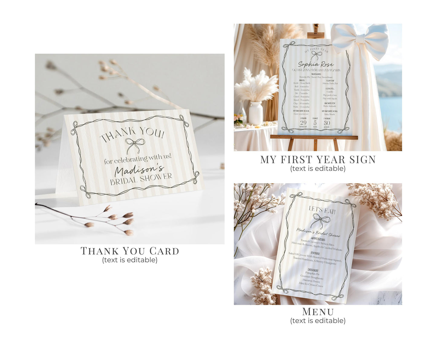 Black Coquette Bow First Birthday Bundle Template, Beige Striped Doodle Bow Birthday Party for Girl Bow Party Decor for Nesting Party WP1062