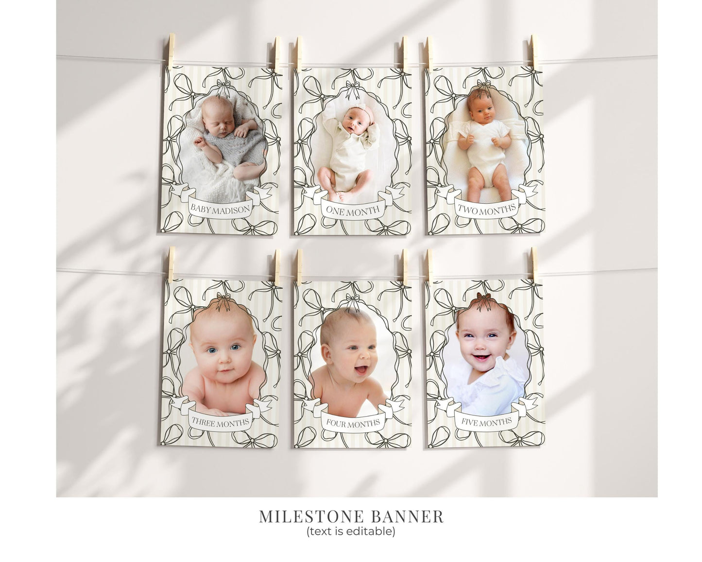 Black Coquette Bow First Birthday Bundle Template, Beige Striped Doodle Bow Birthday Party for Girl Bow Party Decor for Nesting Party WP1062