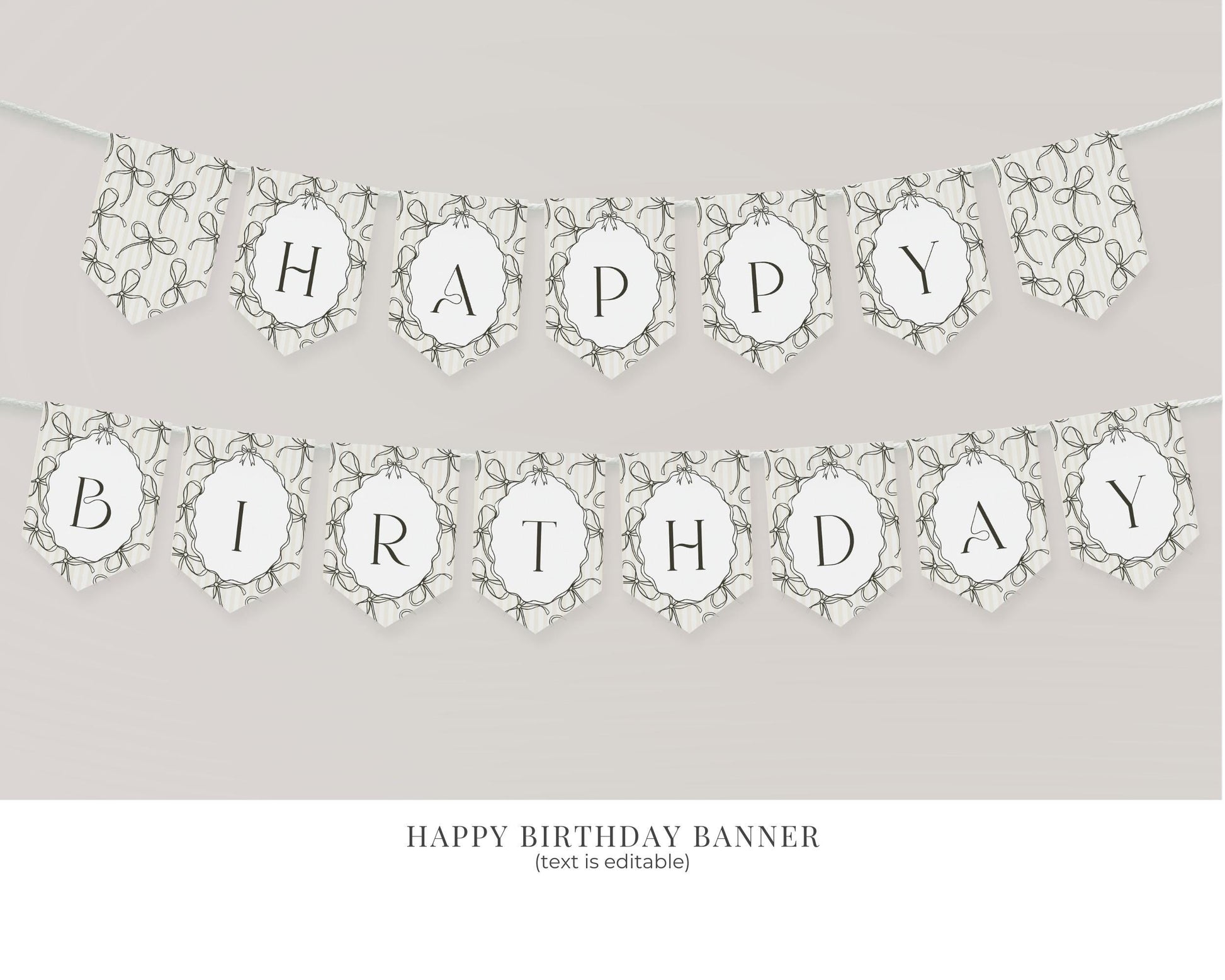 Black Coquette Bow First Birthday Bundle Template, Beige Striped Doodle Bow Birthday Party for Girl Bow Party Decor for Nesting Party WP1062