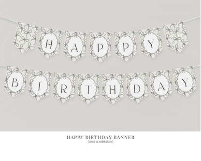 Black Coquette Bow First Birthday Bundle Template, Beige Striped Doodle Bow Birthday Party for Girl Bow Party Decor for Nesting Party WP1062