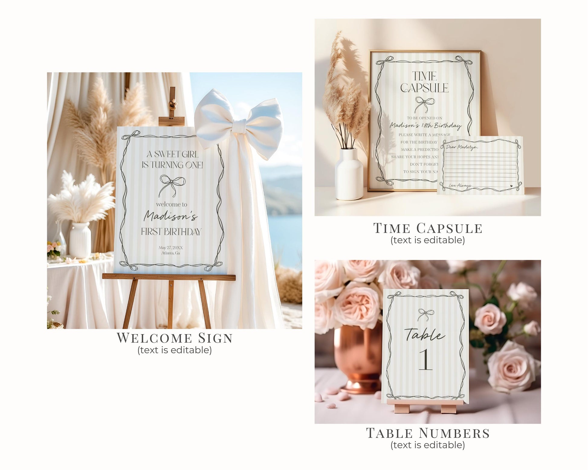 Black Coquette Bow Birthday Bundle Template, Beige Striped Doodle Bow Birthday Party for Girl, Bow Party Decor for Fancy Bday Party WP1062