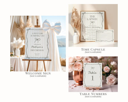 Black Coquette Bow Birthday Bundle Template, Beige Striped Doodle Bow Birthday Party for Girl, Bow Party Decor for Fancy Bday Party WP1062