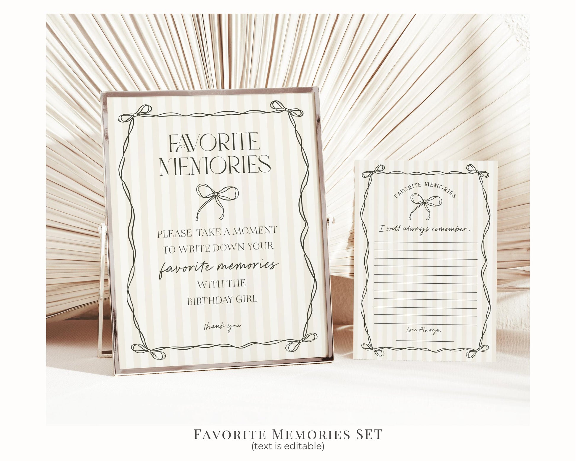 Black Coquette Bow Birthday Bundle Template, Beige Striped Doodle Bow Birthday Party for Girl, Bow Party Decor for Fancy Bday Party WP1062