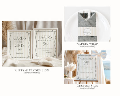 Black Coquette Bow Birthday Bundle Template, Beige Striped Doodle Bow Birthday Party for Girl, Bow Party Decor for Fancy Bday Party WP1062