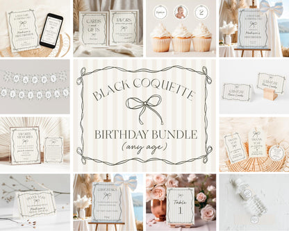 Black Coquette Bow Birthday Bundle Template, Beige Striped Doodle Bow Birthday Party for Girl, Bow Party Decor for Fancy Bday Party WP1062