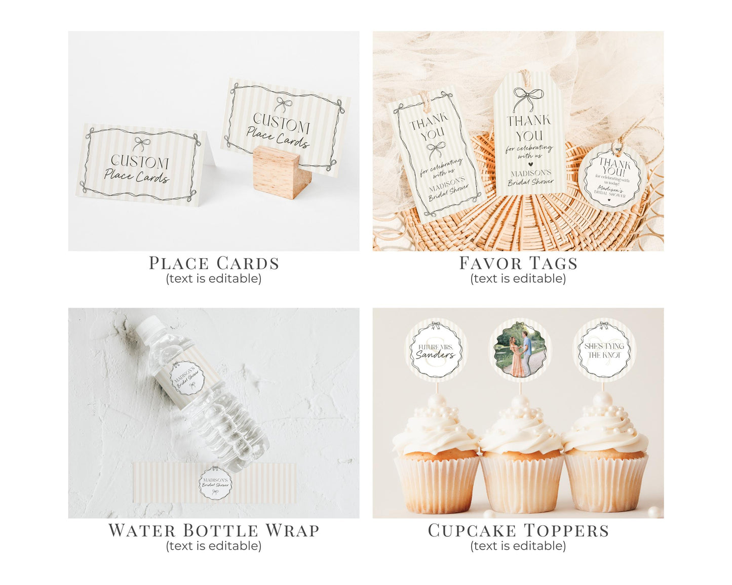 Black Coquette Bow Bridal Shower Bundle Template, Beige Striped Doodle Bow Bridal Brunch with the Bride, Tying the Knot Shower Decor WP1062