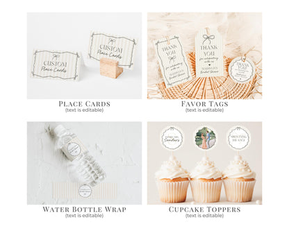Black Coquette Bow Bridal Shower Bundle Template, Beige Striped Doodle Bow Bridal Brunch with the Bride, Tying the Knot Shower Decor WP1062