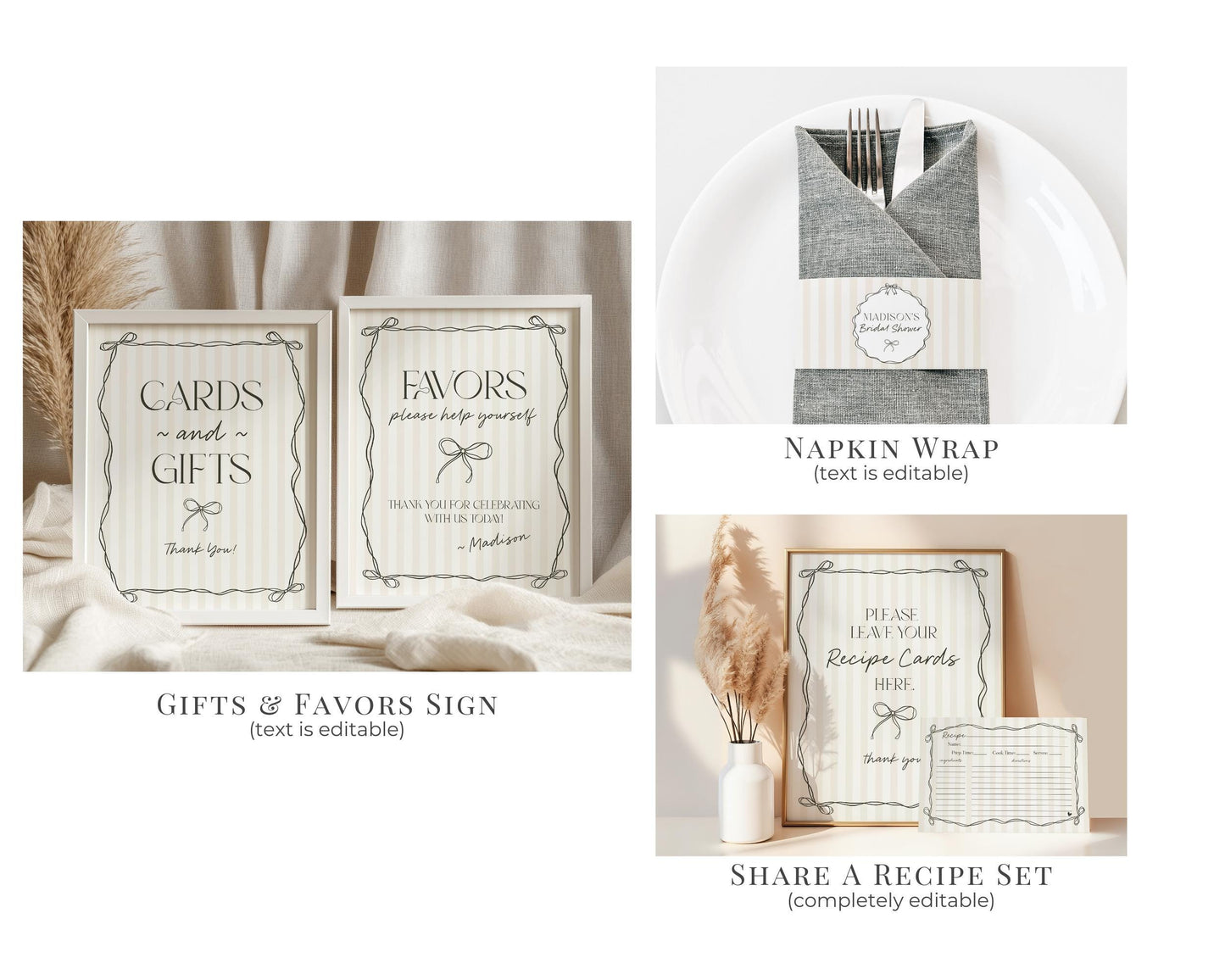 Black Coquette Bow Bridal Shower Bundle Template, Beige Striped Doodle Bow Bridal Brunch with the Bride, Tying the Knot Shower Decor WP1062