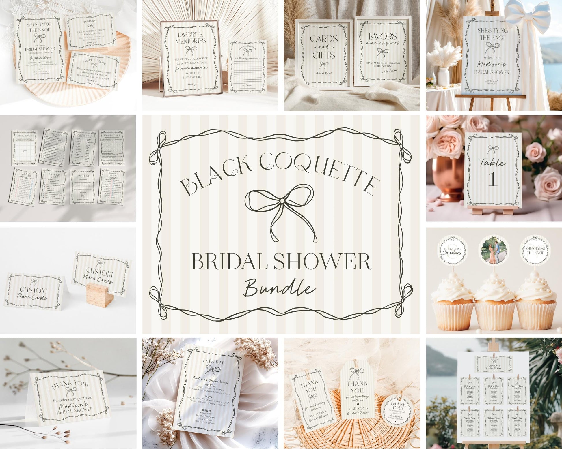 Black Coquette Bow Bridal Shower Bundle Template, Beige Striped Doodle Bow Bridal Brunch with the Bride, Tying the Knot Shower Decor WP1062