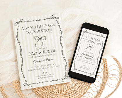 Black Coquette Bow Baby Shower Invitation Template, Beige Striped Doodle Bow Baby Sprinkle for Girl, Bow Party Decor Nesting Party WP1062