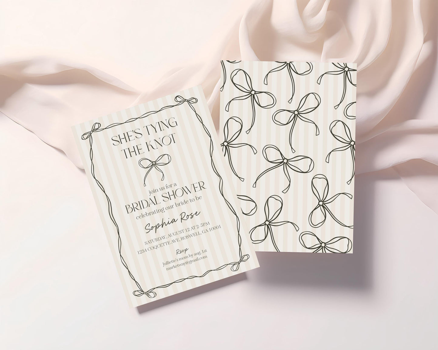 Black Coquette Bow Bridal Shower Invitation Template, Beige Striped Doodle Bow Bridal Brunch with the Bride, Tying the Knot Shower WP1062