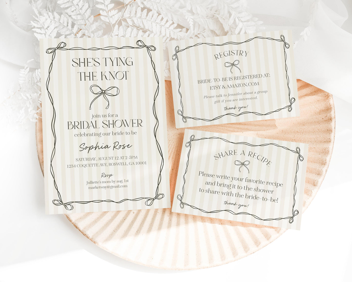 Black Coquette Bow Bridal Shower Invitation Template, Beige Striped Doodle Bow Bridal Brunch with the Bride, Tying the Knot Shower WP1062