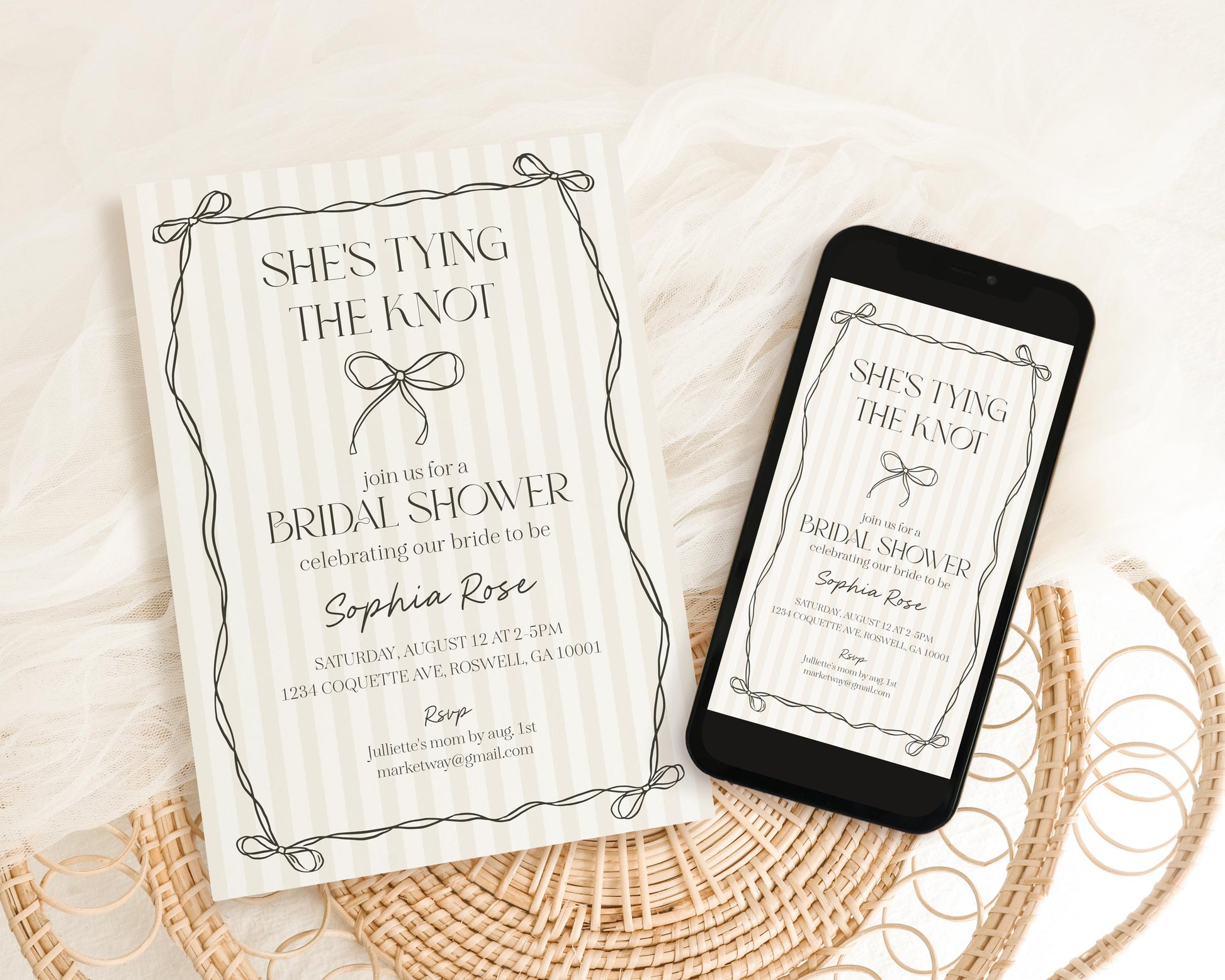 Black Coquette Bow Bridal Shower Invitation Template, Beige Striped Doodle Bow Bridal Brunch with the Bride, Tying the Knot Shower WP1062