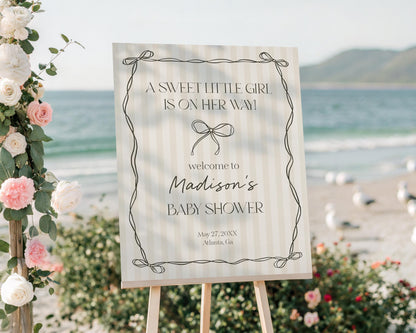 Black Coquette Bow Baby Shower Welcome Sign Template, Beige Striped Doodle Bow Baby Sprinkle for Girl, Bow Party Decor Nesting Party WP1062