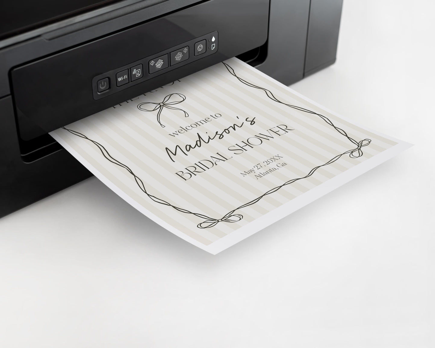 Black Coquette Bow Bridal Shower Welcome Sign Template, Beige Striped Doodle Bow Bridal Brunch with the Bride, Tying the Knot Shower WP1062