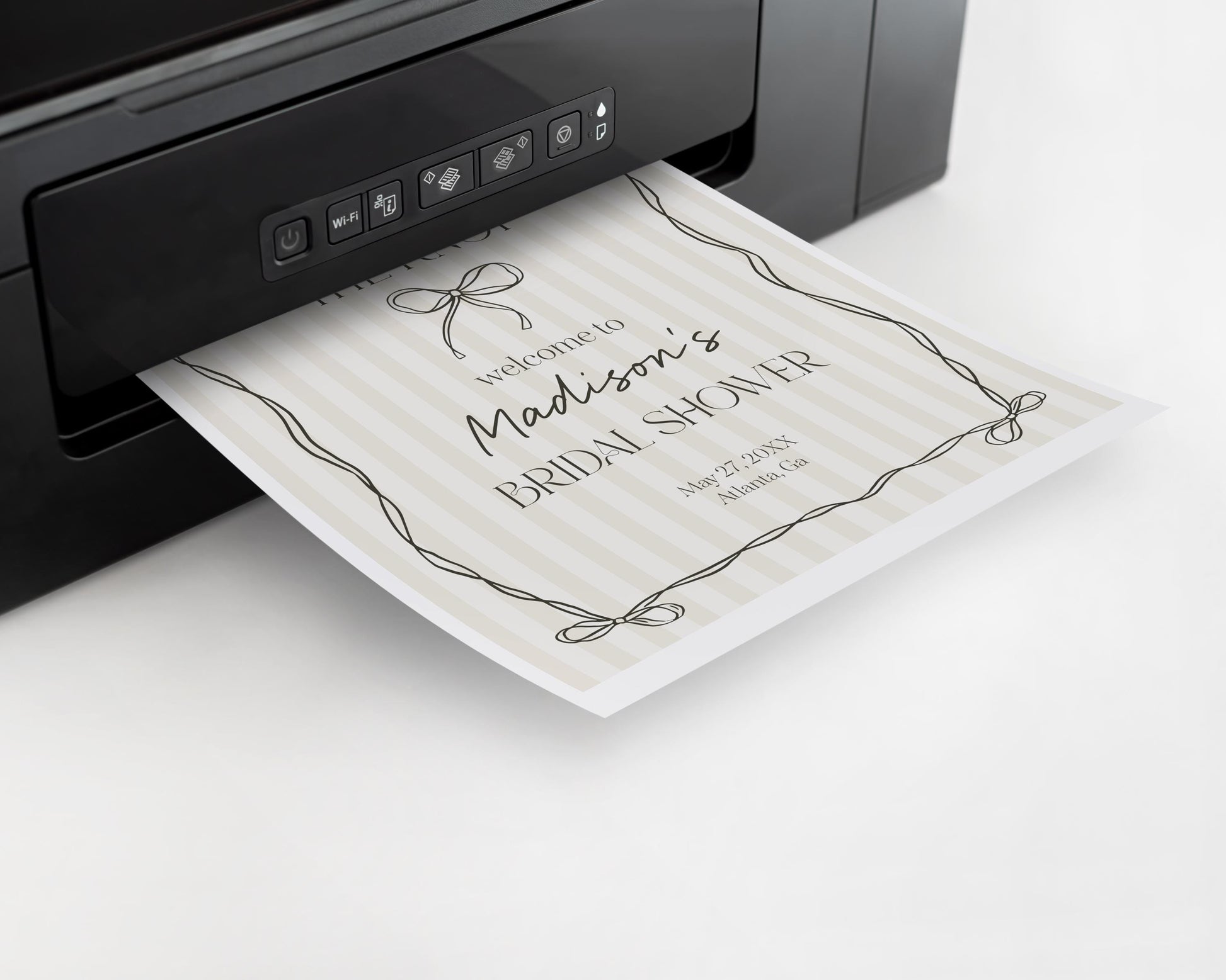 Black Coquette Bow Bridal Shower Welcome Sign Template, Beige Striped Doodle Bow Bridal Brunch with the Bride, Tying the Knot Shower WP1062