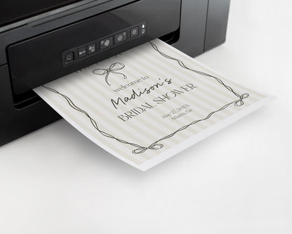Black Coquette Bow Bridal Shower Welcome Sign Template, Beige Striped Doodle Bow Bridal Brunch with the Bride, Tying the Knot Shower WP1062