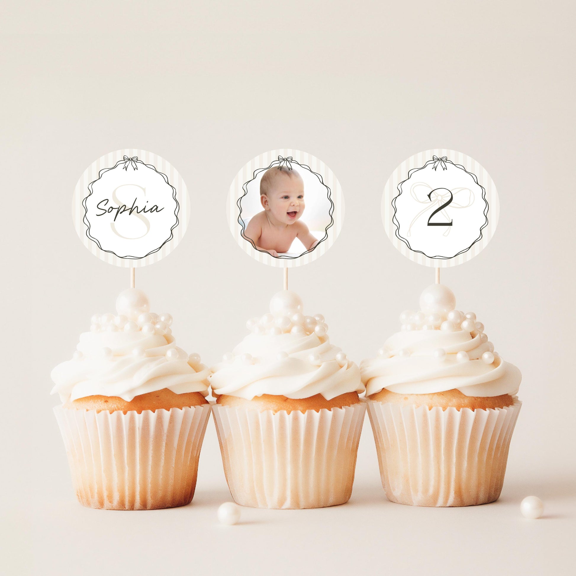 Black Coquette Bow Birthday Party Cupcake Toppers Template, Beige Striped Doodle Bow Birthday Party for Girl, Fancy Party Decor WP1062