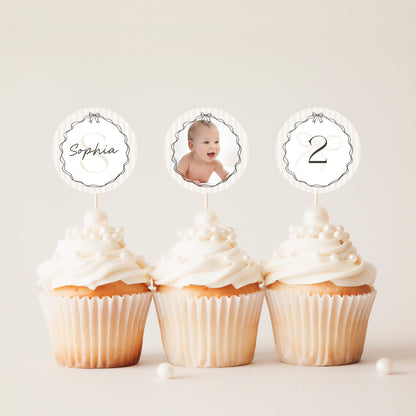 Black Coquette Bow Birthday Party Cupcake Toppers Template, Beige Striped Doodle Bow Birthday Party for Girl, Fancy Party Decor WP1062