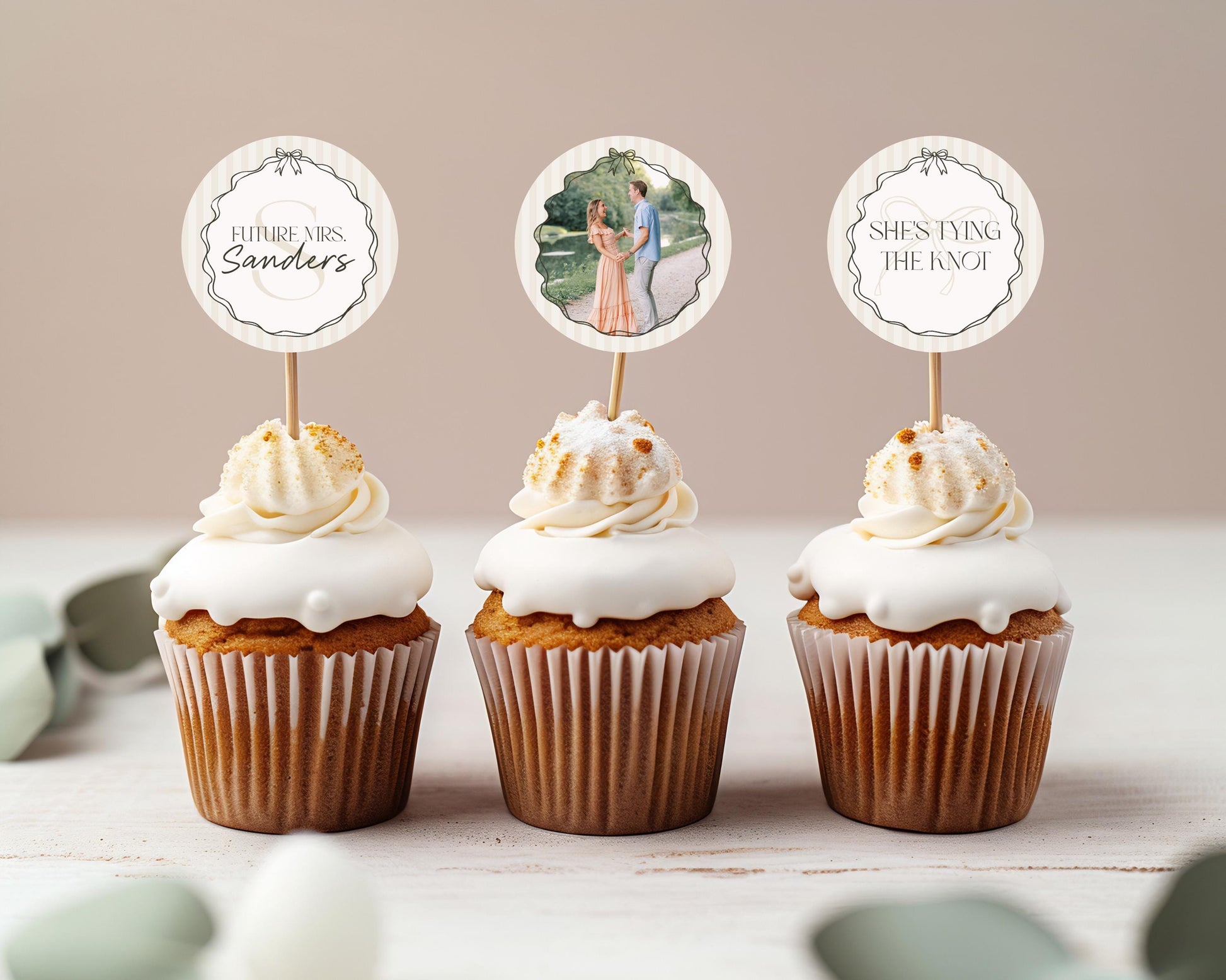 Black Coquette Bow Bridal Shower Cupcake Topper Template, Beige Striped Doodle Bow Bridal Brunch with the Bride Tying the Knot Shower WP1062