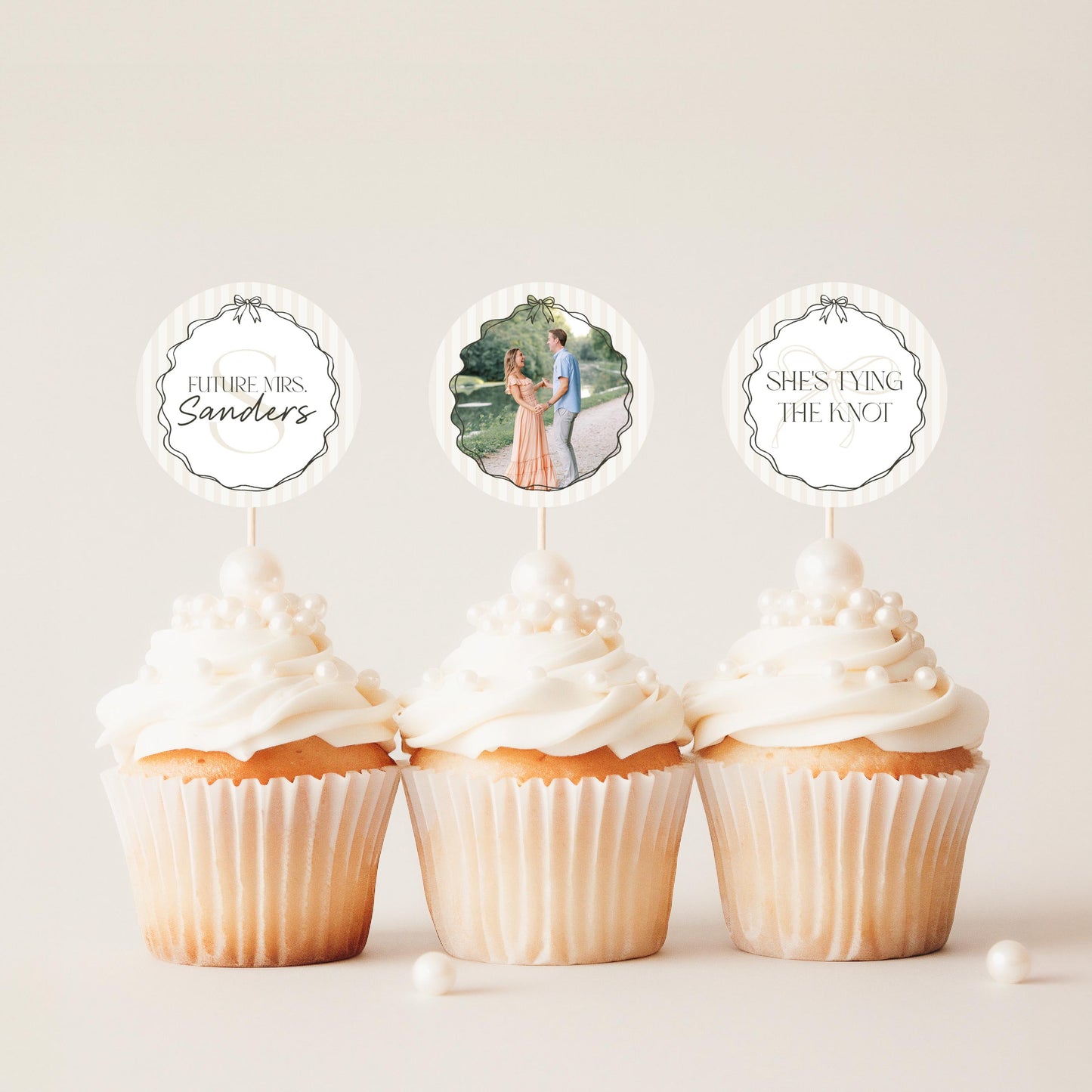 Black Coquette Bow Bridal Shower Cupcake Topper Template, Beige Striped Doodle Bow Bridal Brunch with the Bride Tying the Knot Shower WP1062