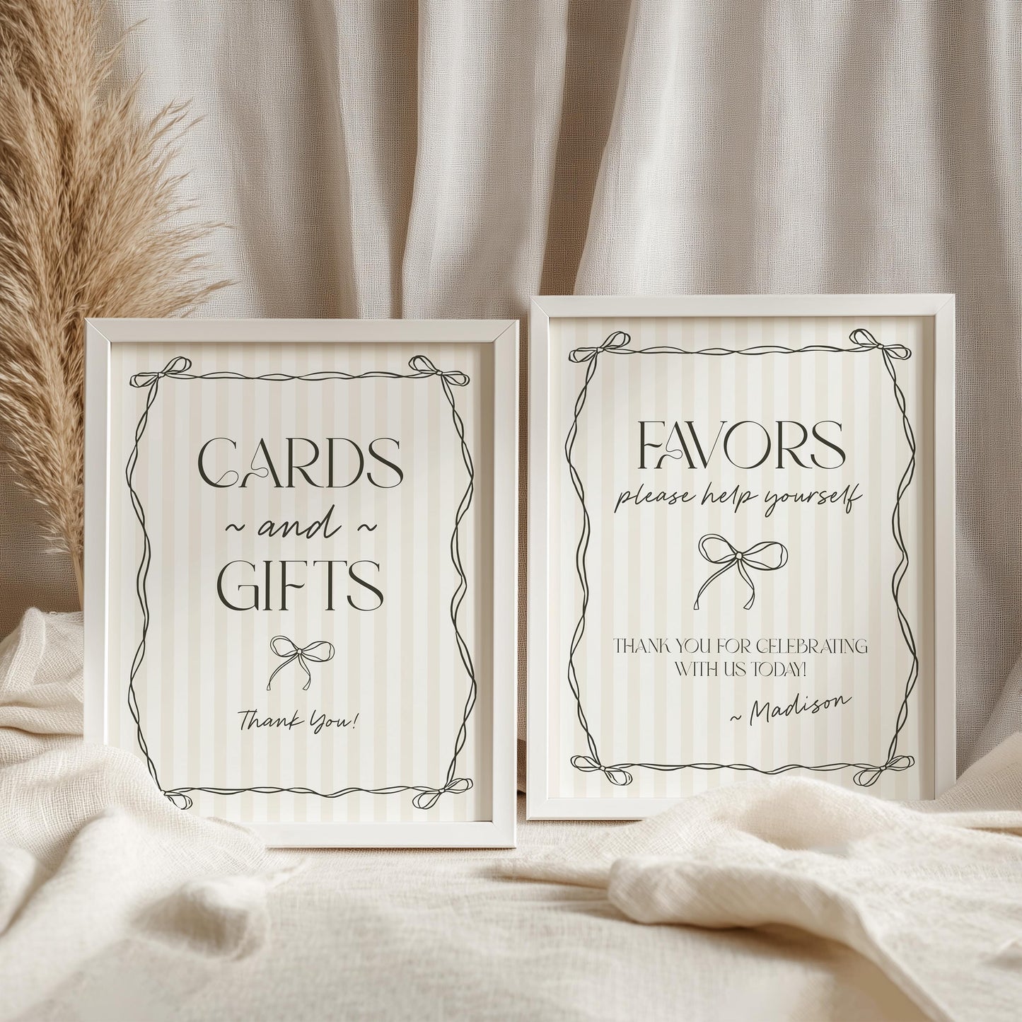 Black Coquette Bow Cards & Gifts Favors Sign Template, Beige Striped Doodle Bow Baby Shower, Tying the Knot Bridal Brunch, Birthday WP1062