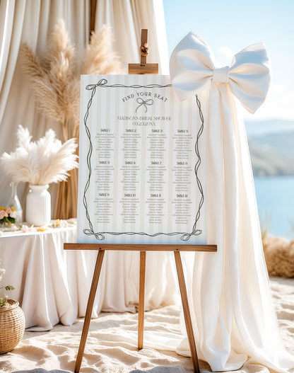Black Coquette Bow Seating Chart Cards Template, Beige Striped Doodle Bow Baby Shower, Tying the Knot Bridal Brunch, Bow Birthday WP1062