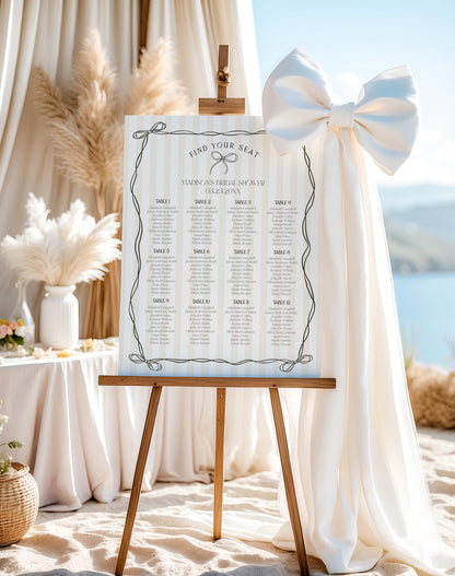 Black Coquette Bow Seating Chart Template, Beige Striped Doodle Bow Baby Shower, Tying the Knot Bridal Brunch, Bow Birthday Party WP1062