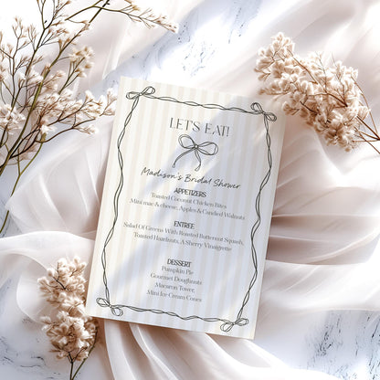 Black Coquette Bow Menu Template, Beige Striped Doodle Bow Baby Shower Party Decor, Tying the Knot Bridal Brunch, Bow Birthday Party WP1062