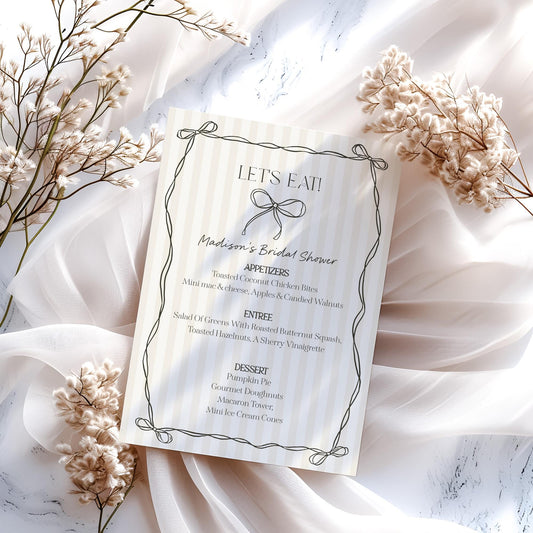 Black Coquette Bow Menu Template, Beige Striped Doodle Bow Baby Shower Party Decor, Tying the Knot Bridal Brunch, Bow Birthday Party WP1062