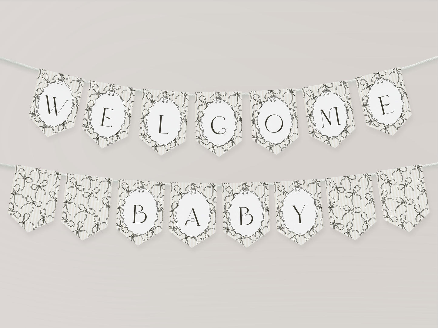 Black Coquette Bow Baby Shower Banner Template, Beige Striped Doodle Bow Baby Sprinkle for Girl, Bow Party Decor for Nesting Party WP1062