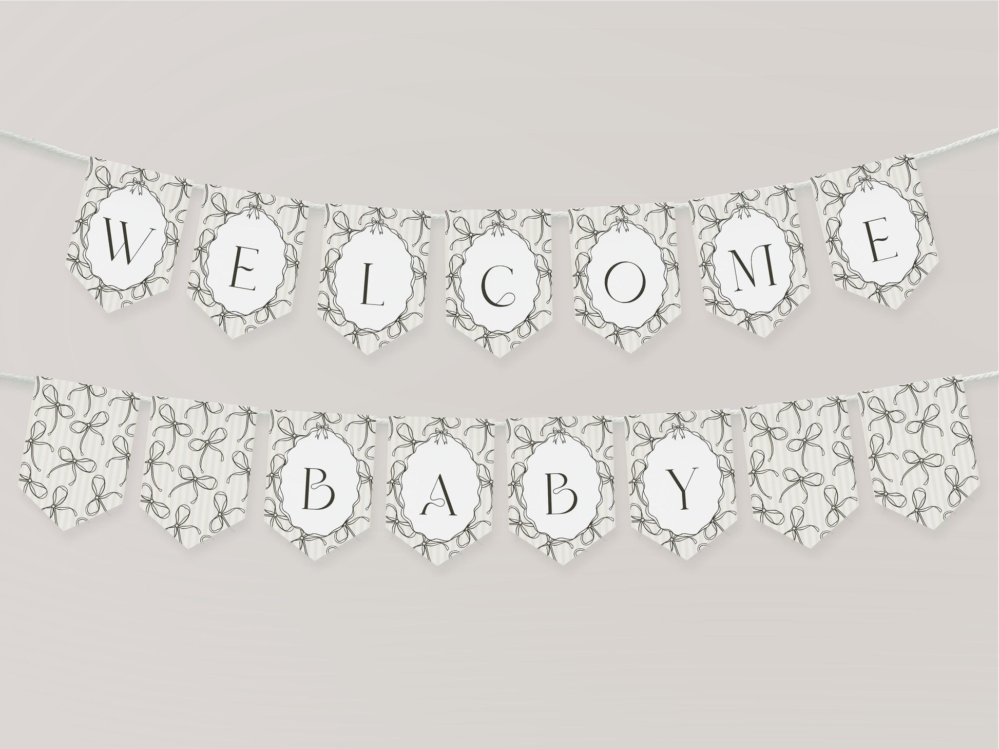 Black Coquette Bow Baby Shower Banner Template, Beige Striped Doodle Bow Baby Sprinkle for Girl, Bow Party Decor for Nesting Party WP1062