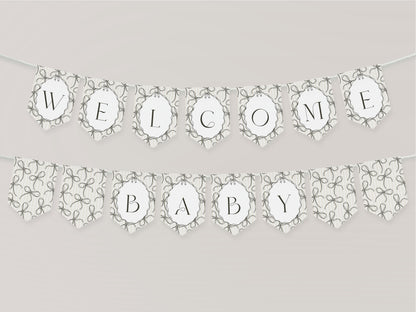 Black Coquette Bow Baby Shower Banner Template, Beige Striped Doodle Bow Baby Sprinkle for Girl, Bow Party Decor for Nesting Party WP1062