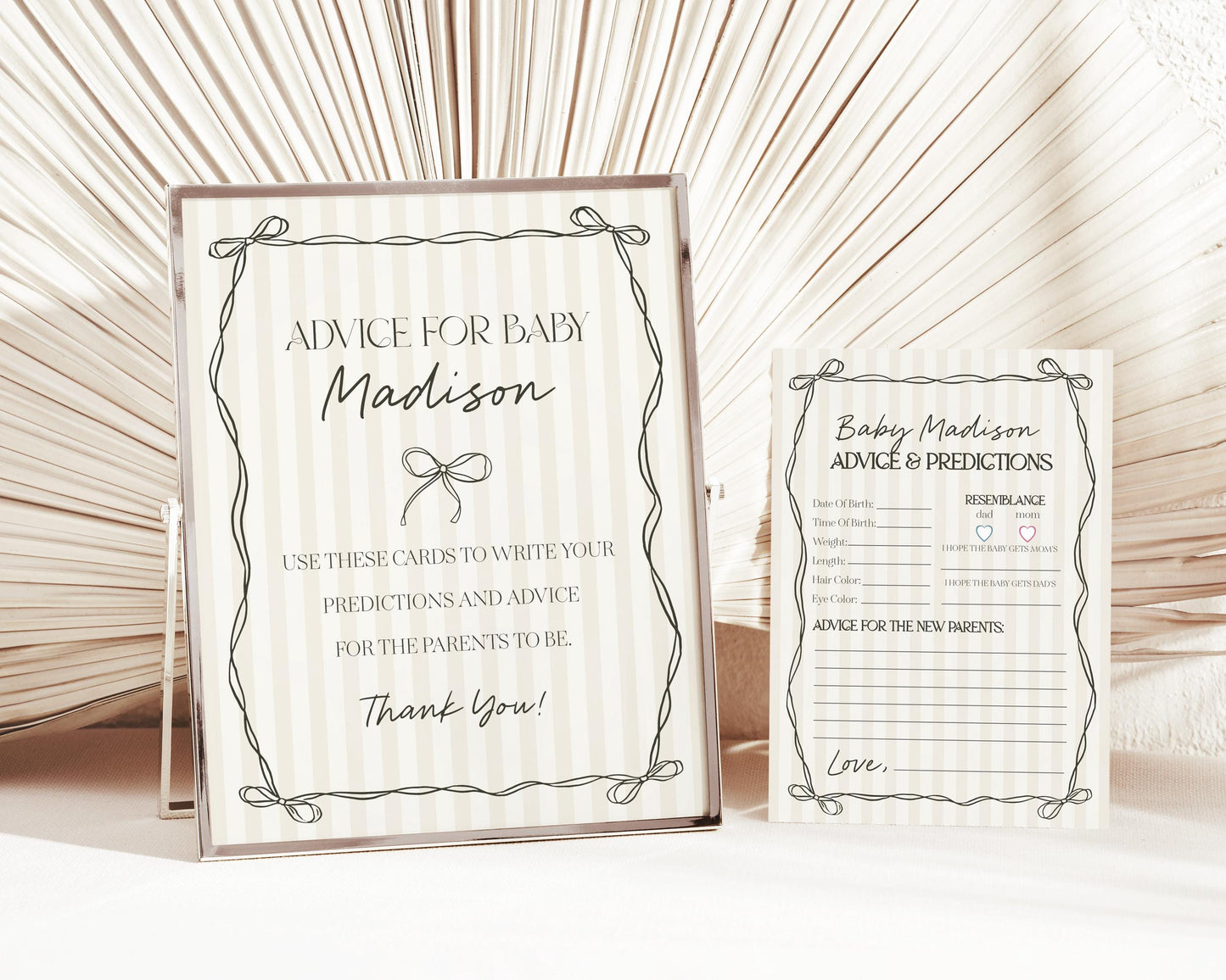 Black Coquette Bow Advice for Baby Cards Template, Beige Striped Doodle Bow Baby Sprinkle for Girl, Bow Party Decor for Nesting Party WP1062