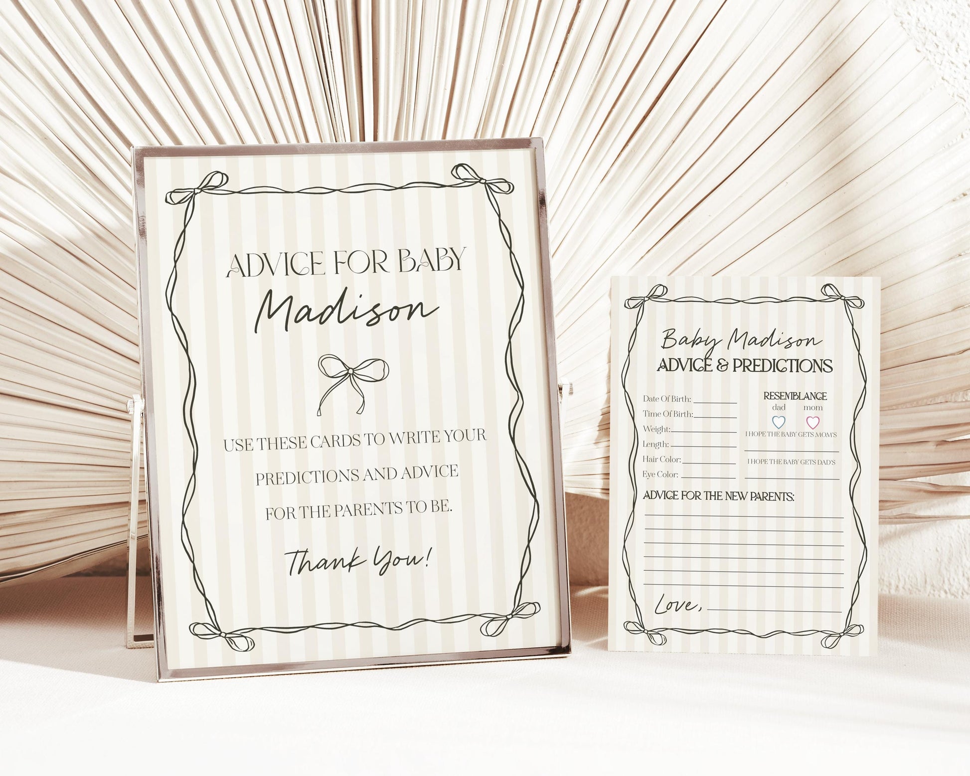 Black Coquette Bow Advice for Baby Cards Template, Beige Striped Doodle Bow Baby Sprinkle for Girl, Bow Party Decor for Nesting Party WP1062