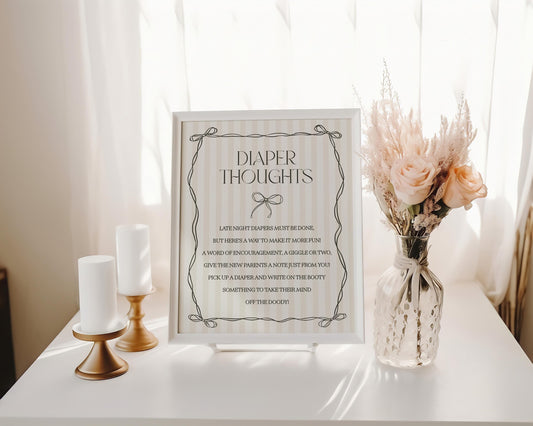 Black Coquette Bow Baby Shower Diaper Thoughts Sign Template, Beige Striped Doodle Bow Baby Sprinkle for Girl, Bow Nesting Party Game WP1062
