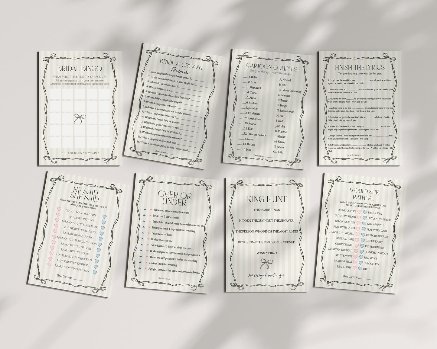 Black Coquette Bow Bridal Shower Games Set Template, Beige Striped Doodle Bow Bridal Brunch with the Bride, Shes Tying the Knot Game WP1062